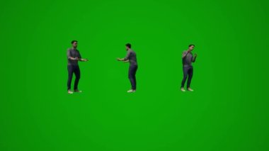 3D erkek şirket çalışanı yeşil ekran konuşuyor, yürüyor ve cep telefonuyla çalışıyor.
