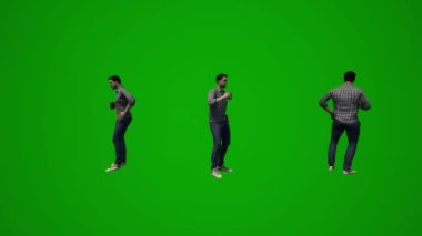 3D erkek şirket çalışanı yeşil ekran konuşuyor, yürüyor ve cep telefonuyla çalışıyor.