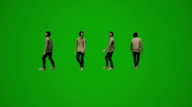 3D Asyalı ve Çinli erkek turist yeşil ekran dansı ve otel partisinde çeşitli açılardan yüksek kalite kroma kutlaması.