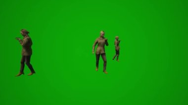 3D Avrupalı kadın ajan ve müfettiş yeşil ekran konuşuyor ve cep telefonuyla çalışıyor ve çeşitli farklı açılardan sorular ve diğer aktiviteler soruyor yüksek kalite kroma