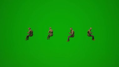 Üç boyutlu Avrupalı kadın ajan ve müfettiş yeşil ekranda oturuyor ve koruma ve izleme ve diğer aktiviteleri çeşitli açılardan yüksek kalite kroma