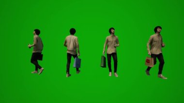 3D Asyalı ve Çinli erkek turist yeşil ekranı havaalanına gidiyor ve alışveriş yapıyor ve çeşitli açılardan çantalar ve bavullarla yürüyor yüksek kalite kroma
