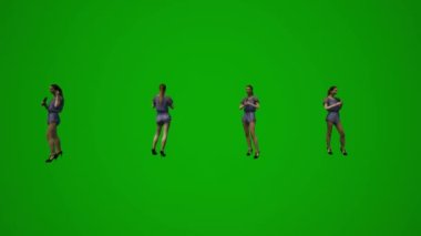 3D kadın mağaza asistanı yeşil ekran konuşuyor ve ürünleri çeşitli açılardan müşterilere ve diğer aktivitelere anlatıyor yüksek kaliteli kroma