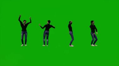 3D kadın Asyalı şef yeşil ekranda yürüyor, konuşuyor ve iş yerinde cep telefonuyla çalışıyor birden fazla farklı görünüm yüksek kalite kroma