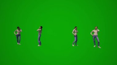 3D kadın Asyalı şef yeşil ekranda yürüyor, konuşuyor ve iş yerinde cep telefonuyla çalışıyor birden fazla farklı görünüm yüksek kalite kroma