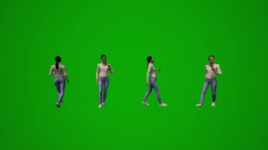 3D kadın Asyalı şef yeşil ekranda yürüyor, konuşuyor ve iş yerinde cep telefonuyla çalışıyor birden fazla farklı görünüm yüksek kalite kroma