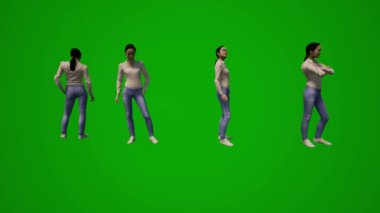 Üç boyutlu Asyalı kadın şef yeşil ekran restoran personeliyle konuşuyor ve birçok farklı bakış açısını anlatıyor. Yüksek kalite kroma.