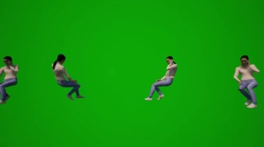 Üç boyutlu Asyalı kadın şef yeşil ekran oturuyor, dinleniyor ve düşünüyor. Birden fazla farklı bakış açısı yüksek kaliteli kroma.