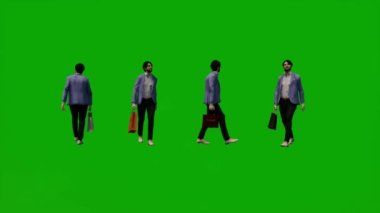 3D Amerikan erkek üniversite profesörü yeşil ekran alışverişi ve seyahat ve konuşma ve çeşitli farklı açılardan yüksek kalite kroma
