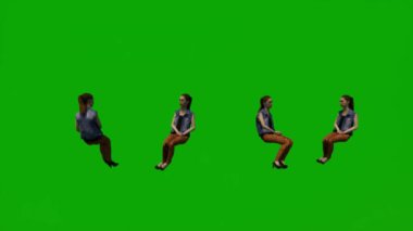 3D kadın İngilizce ve Fransızca öğretmeni yeşil ekran oturma, rahatlama ve sınıfa birden fazla farklı bakış açısı yüksek kaliteli kroma öğretiyor.