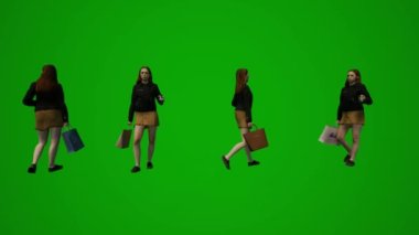 3D Amerikan restoranı garsonu yeşil ekranda yürüyor, konuşuyor ve el çantası şehriyle alışveriş yapıyor.