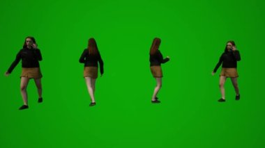 3D Amerikan restoranı garsonu yeşil ekranda yürüyor, konuşuyor ve el çantası şehriyle alışveriş yapıyor.