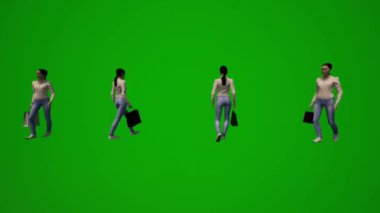 3D Asyalı şef kadın yeşil ekran alışverişi ve seyahat ve yürüyüş ve cep telefonuyla çalışmak çok sayıda farklı görünüm yüksek kalite kroma