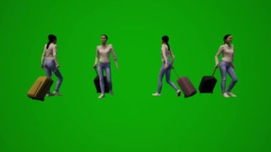 3D Asyalı şef kadın yeşil ekran alışverişi ve seyahat ve yürüyüş ve cep telefonuyla çalışmak çok sayıda farklı görünüm yüksek kalite kroma