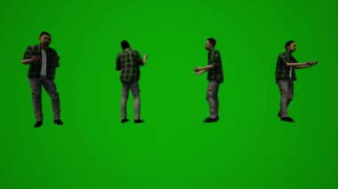 Üç boyutlu Taylandlı ve Japon erkekler yeşil ekranda telefonla konuşuyor, yürüyor ve Chroma cep telefonlarıyla çalışıyor.