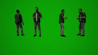 Üç boyutlu Taylandlı ve Japon erkekler yeşil ekranda telefonla konuşuyor, yürüyor ve Chroma cep telefonlarıyla çalışıyor.