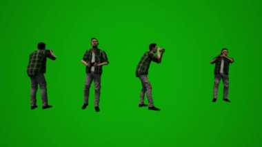 Üç boyutlu Taylandlı ve Japon erkekler yeşil ekranda telefonla konuşuyor, yürüyor ve Chroma cep telefonlarıyla çalışıyor.