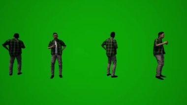 3D çeşitli Tayland ve Japon erkekleri yeşil ekran arka planda gezici Chroma partisinde arkadaşlarıyla ve meslektaşlarıyla konuşuyor