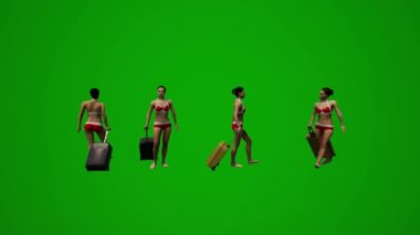3D dört siyah saçlı kadın yeşil ekran mayo giyiyor. El çantalarıyla yürüyor, alışveriş yapıyor ve tatilden konuşuyor.
