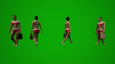 3D dört siyah saçlı kadın yeşil ekran mayo giyiyor. El çantalarıyla yürüyor, alışveriş yapıyor ve tatilden konuşuyor.