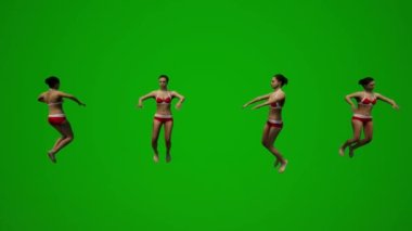 Üç boyutlu dört siyah saçlı kadın yeşil ekran mayo giyiyor. Dans ediyor, konuşuyor ve birkaç farklı görüş izliyor.