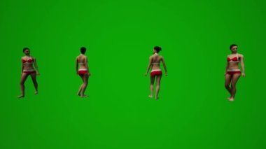3D dört siyah saçlı kadın yeşil ekran mayo giyiyor. El çantalarıyla yürüyor, alışveriş yapıyor ve tatilden konuşuyor.