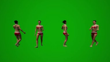 3D dört siyah saçlı kadın yeşil ekran mayo giyiyor. El çantalarıyla yürüyor, alışveriş yapıyor ve tatilden konuşuyor.