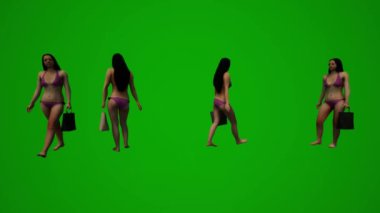 3D dört siyah saçlı kadın yeşil ekran mayo giyiyor. El çantalarıyla yürüyor, alışveriş yapıyor ve tatilden konuşuyor.