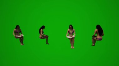 3D dört siyah saçlı kadın yeşil ekran mayo giyiyor. Konuşuyorlar ve tatilleri izliyorlar. Farklı görüşler.