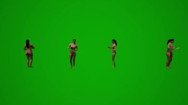 3D dört siyah saçlı kadın yeşil ekran mayo giyiyor. El çantalarıyla yürüyor, alışveriş yapıyor ve tatilden konuşuyor.