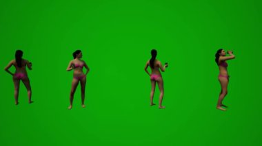 3D dört siyah saçlı kadın yeşil ekran mayo giyiyor. El çantalarıyla yürüyor, alışveriş yapıyor ve tatilden konuşuyor.
