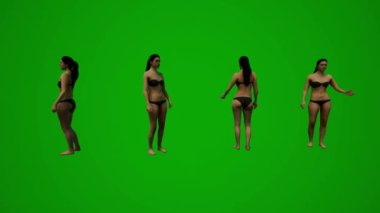 3D dört siyah saçlı kadın yeşil ekran mayo giyiyor. El çantalarıyla yürüyor, alışveriş yapıyor ve tatilden konuşuyor.
