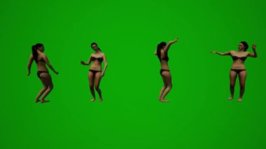 3D dört siyah saçlı kadın yeşil ekran mayo giyiyor. El çantalarıyla yürüyor, alışveriş yapıyor ve tatilden konuşuyor.