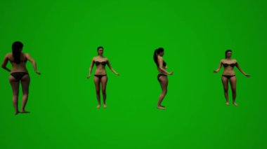 3D dört siyah saçlı kadın yeşil ekran mayo giyiyor. El çantalarıyla yürüyor, alışveriş yapıyor ve tatilden konuşuyor.