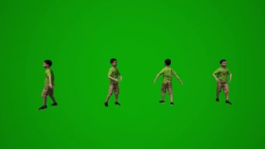 Üç boyutlu birkaç küçük anaokulu çocuğu ve kız çocuğu yeşil ekran arka planı oynuyorlar, zıplıyorlar, arkadaşlarıyla konuşuyorlar ve okul bahçesinde koşuşturuyorlar.