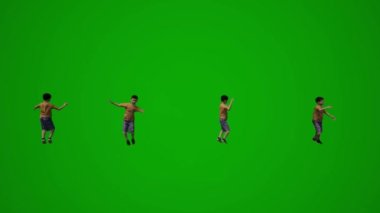 3D farklı beyaz Avrupalı küçük çocuklar çeşitli bakış açılarından yeşil ekranda oynuyor, zıplıyor ve oyun parkında konuşuyor
