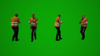 Üç boyutlu birkaç farklı fabrika işçisi yeşil ekran arka planda konuşuyor, yürüyor, dans ediyor ve çeşitli açılardan krom içiyor.