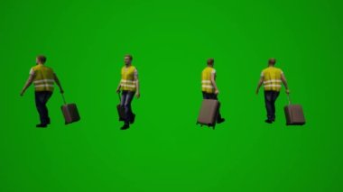 Üç boyutlu birkaç farklı fabrika işçisi yeşil ekran arka planda konuşuyor, yürüyor, dans ediyor ve çeşitli açılardan krom içiyor.
