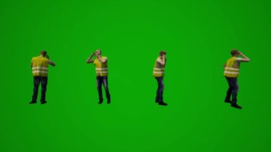 3D çoklu inşaat projesi çalışanları yeşil ekran çalışıyor ve telefonla konuşuyor birden fazla farklı görünüm yüksek kalite kroma