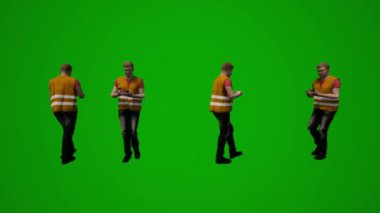 3D çoklu inşaat projesi çalışanları yeşil ekran çalışıyor ve telefonla konuşuyor birden fazla farklı görünüm yüksek kalite kroma
