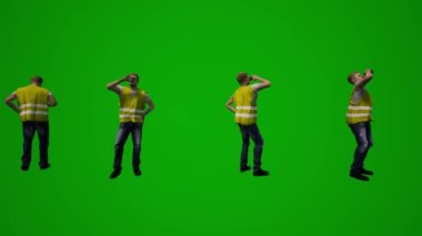 3D çoklu inşaat projesi çalışanları yeşil ekran çalışıyor ve telefonla konuşuyor birden fazla farklı görünüm yüksek kalite kroma