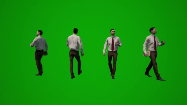 3D男性政府検査官携帯電話や思考やオフィスを歩くいくつかの異なるビューを話す緑の画面 — ストック動画