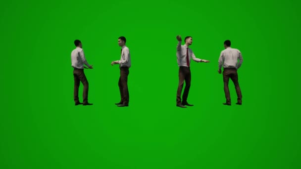3D男性政府検査官携帯電話や思考やオフィスを歩くいくつかの異なるビューを話す緑の画面 — ストック動画