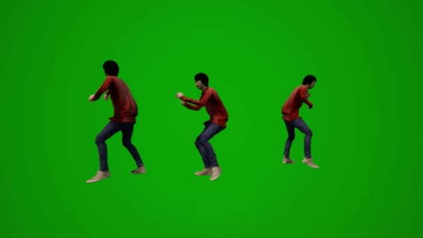 3D亚洲和中国男性游客在酒店派对上从几个不同的角度跳着绿色荧幕庆祝高质量的色泽 — 图库视频影像