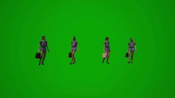 3D女性ショップアシスタント緑の画面歩くと いくつかの異なる角度から市場やその他の活動を販売高品質クロマ — ストック動画
