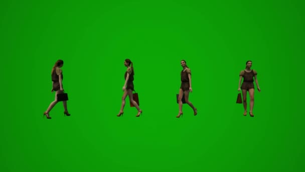 3D女性ショップアシスタント緑の画面歩くと いくつかの異なる角度から市場やその他の活動を販売高品質クロマ — ストック動画