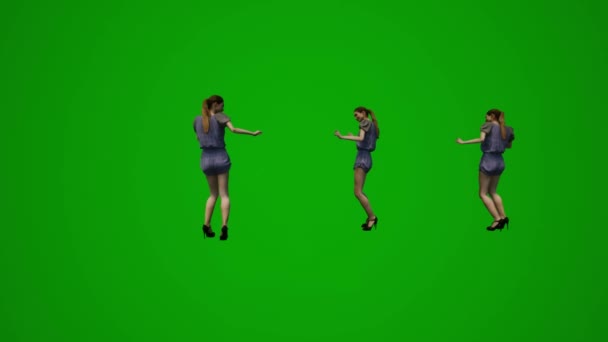 3D女性售货员绿色荧幕舞蹈和欢呼 并从几个不同角度为更多的销售和其他活动庆祝高品质的色彩 — 图库视频影像