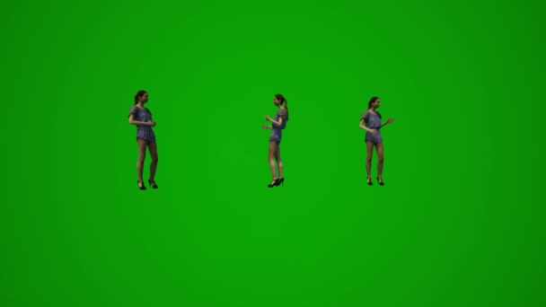 3D女性售货员绿色屏风从几个不同角度向客户解释产品和其他活动高质量的色泽 — 图库视频影像
