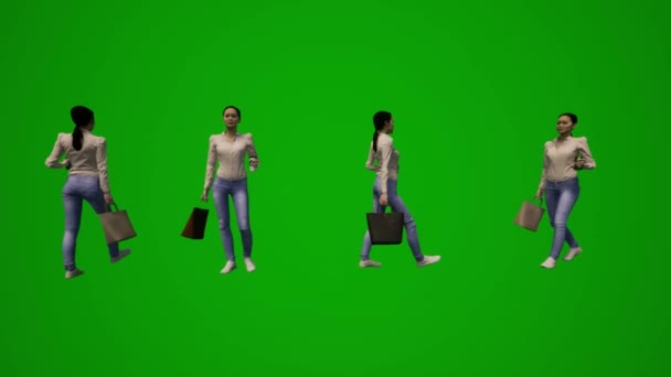 Азиатский Шеф Повар Женщина Зеленый Экран Покупки Путешествия Прогулки Работа — стоковое видео