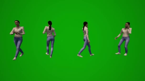 3D女性アジア料理緑の画面歩くと話すと作業携帯電話で仕事複数の異なるビューで高品質のクロマ — ストック動画